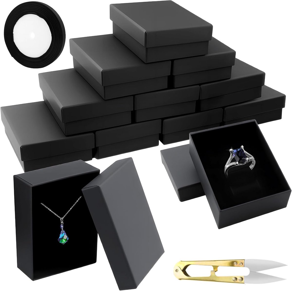 SnelShoppen - 12 Stuks Zwarte Kartonnen Sieraden Geschenkdozen met Deksel voor Oorbellen, Ringen en Kettingen, 9 x 7 x 3 cm, Inclusief Band en Schaar