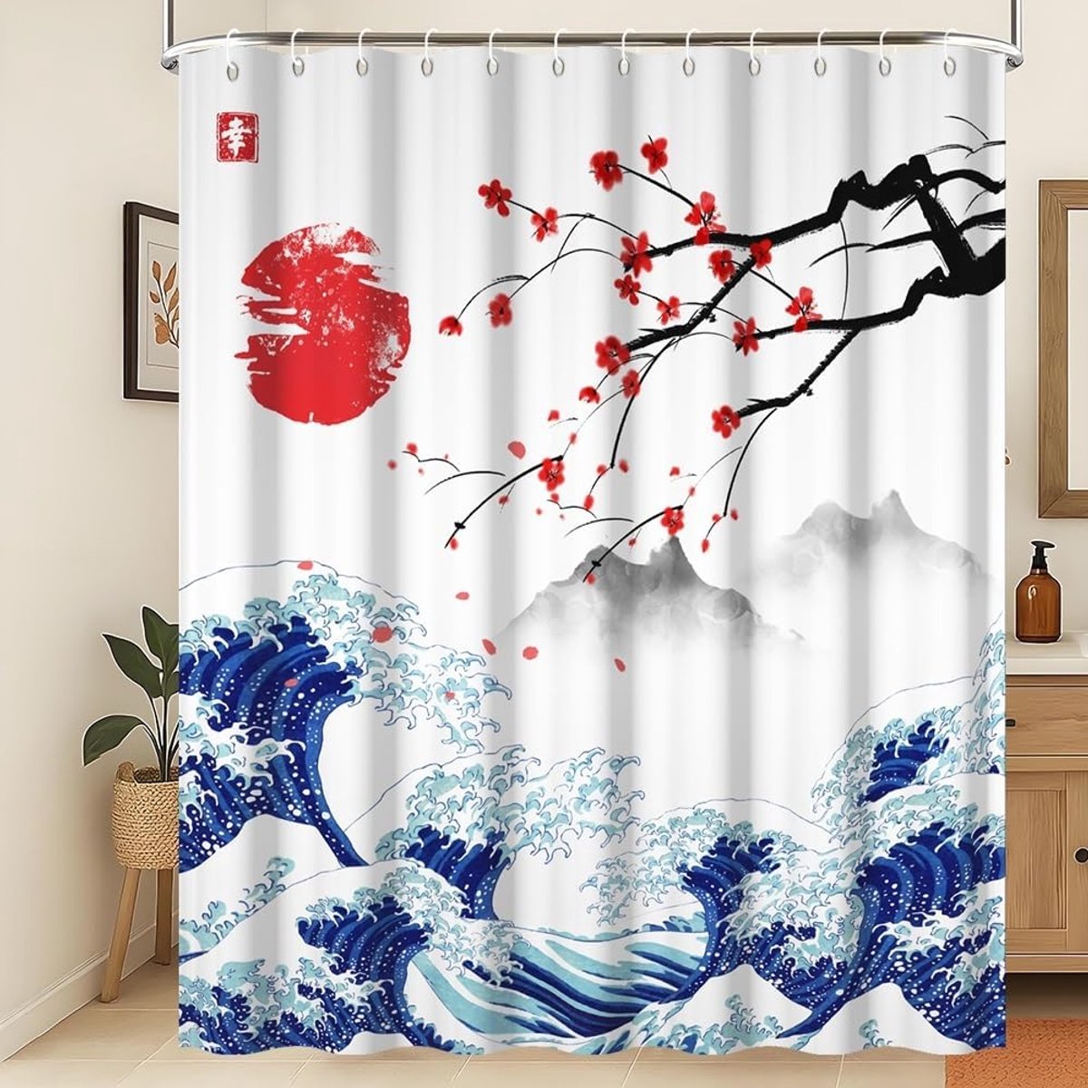 SnelShoppen - Traditionele Japanse Schilderkunst Douchegordijn Kanagawa Grote Golf Rood Kersenbloesems en Zonneheuvels Anti-Mold Waterdicht Badkamer G