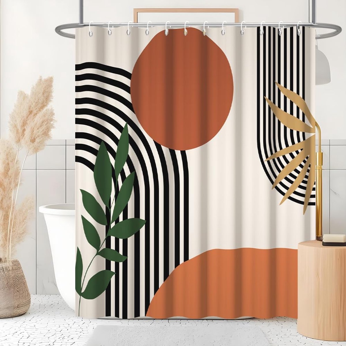 SnelShoppen - Douchegordijn Abstract Boho Terracotta Mid Century Minimalistisch Waterdicht Anti-Mimmelk 180x220 cm Polyester Wasbaar Inclusief 12 Haak