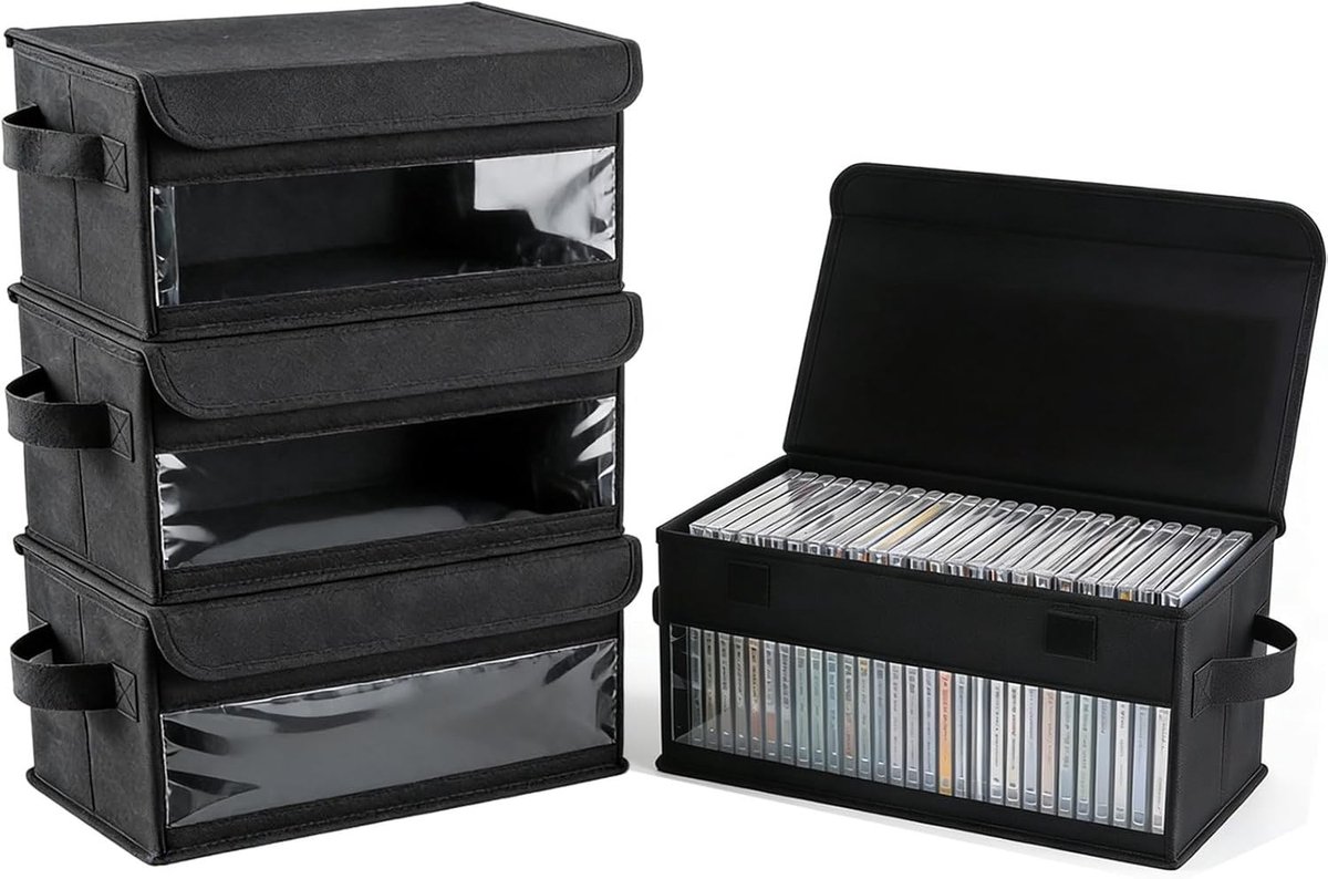 Opbergdoos voor 32 CD's met Venster, DVD-opslag met Deksel en Handvat, Vouwbare Opbergdoos voor CD's, Boeken en Documenten, Set van 4, Zwart