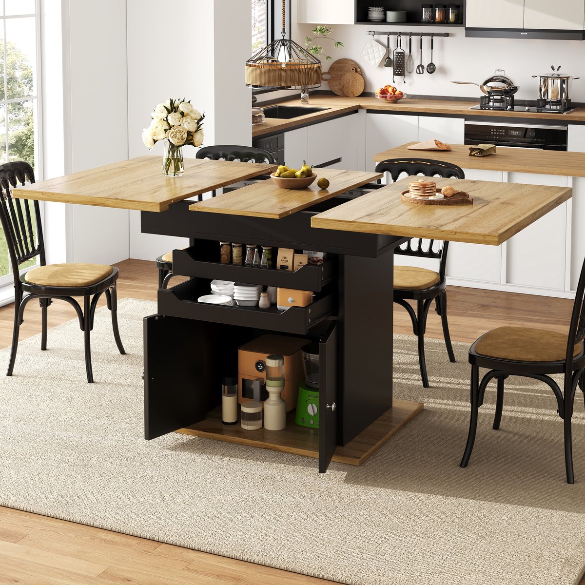 COVREO Eettafel 110-140x80x76 cm – uitschuifbaar, zwart, MDF met 2 lades en opbergkast