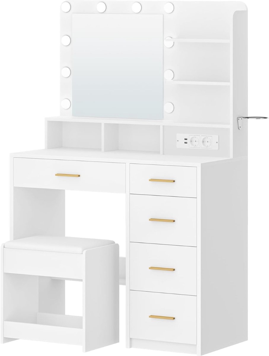 SP® Makeup Tafel - 3 Kleurige LED Verlichting - Kaptafel - Kaptafel met LED Spiegel - Wit - 40cm x 90cm x 139cm