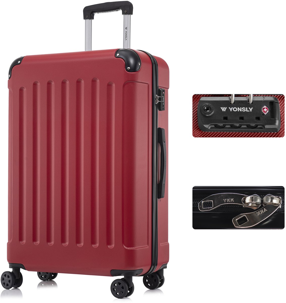 YONSLY Handbagage Koffer - 76 x 49 x 29 cm - 98 L - TSA Slot - 360° Draaibare Wielen - Grote Trolley - Rood