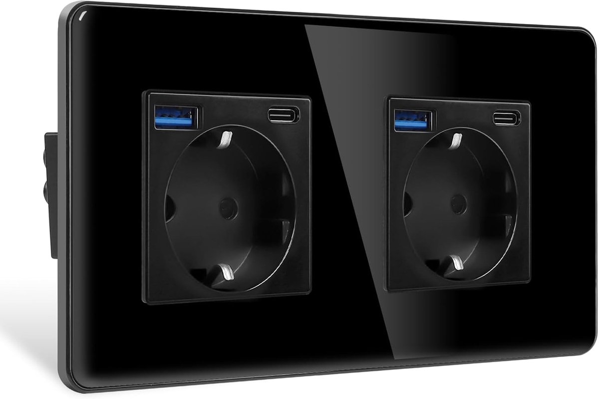 SnelShoppen - 2-Weg Glazensokkel met USB A en Type C, Dubbele Inbouwsocket, Zwart, Modern en Krasbestendig voor Thuis, Keuken en Kantoor