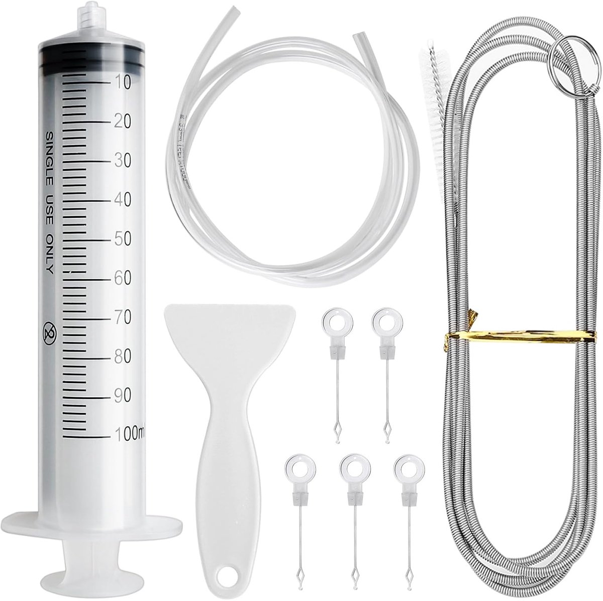 SnelShoppen - 9-delige Koelkast Reinigingsset - Flexibele Slangborstel, 100ml Spuit, Koelkast Afvoer Slang, Ontdooi Lepel, 5 Afvoerpluggen - Keuken Ac