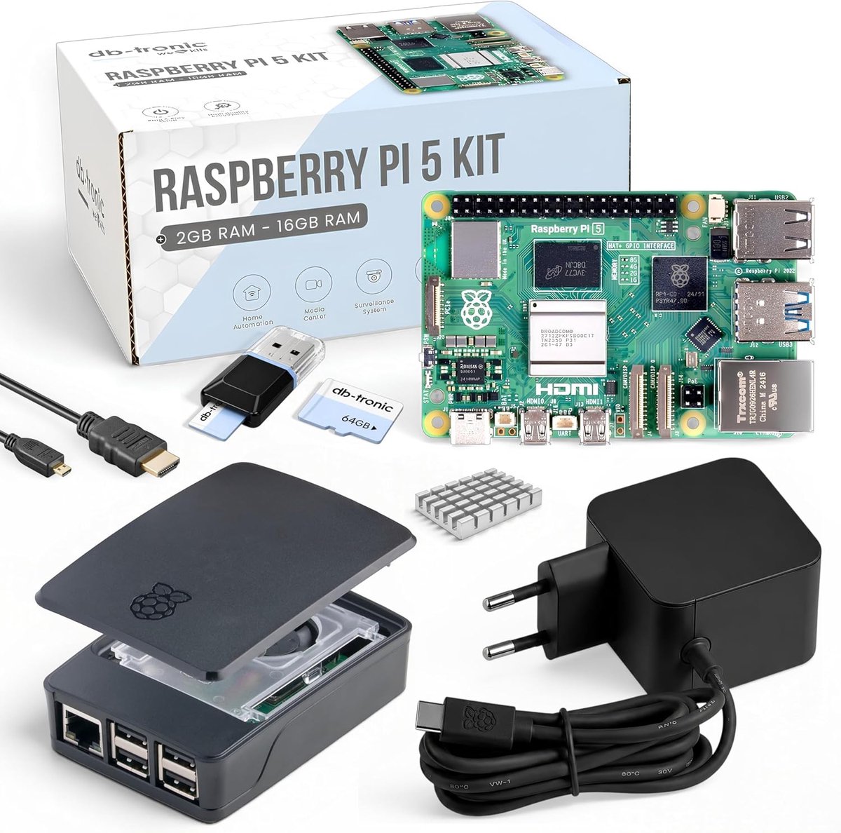 SnelShoppen - Raspberry Pi 5 Starter Kit 4 GB | Black Edition 64 GB | 27W Power Supply | Huis met Ventilator | 4K Micro HDMI Kabel | Perfect voor Smar