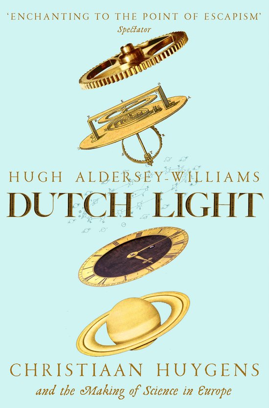 Boek kaft met gouden tandwiel, uurwerk, astrolabium en planeet Saturnus op blauwe achtergrond. "DUTCH LIGHT"