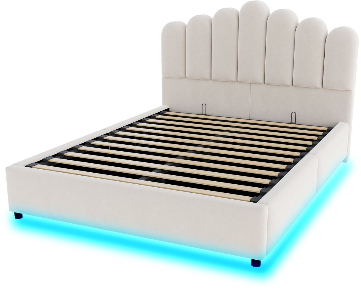 MIVRAY Bed 140x200 cm Zonder Matras - Gestoffeerd Bed Met Hydraulische Opbergruimte en LED Verlichting - Lattenbodem - Stof - Beige