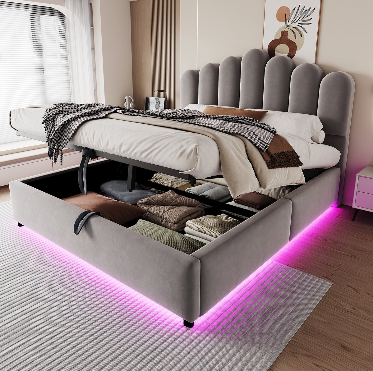 MIVRAY Opbergbed 140 x 200 cm Grijs Met Matras Zonder matras - Hydraulisch Opklapbed Met LED Verlichting - Fluweel - Tweepersoons