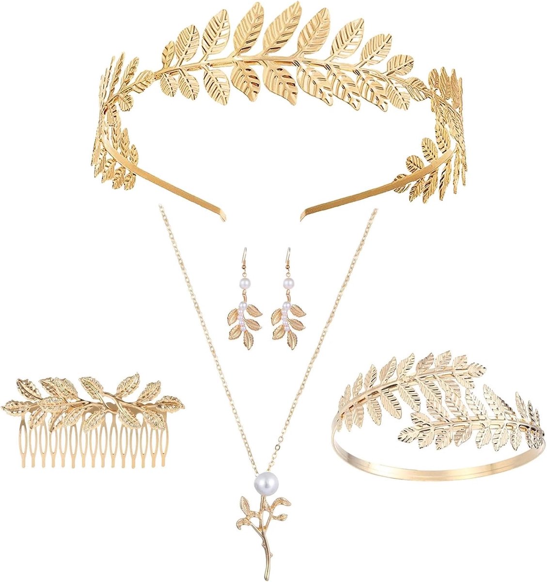 5 stuks lauwerkrans haarband hoofddecoratie goud set, Griekse godin gouden sieraden kostuum accessoires voor dames, gouden kroon hoofdband blad spiraal bovenarmband armband oorbellen metalen