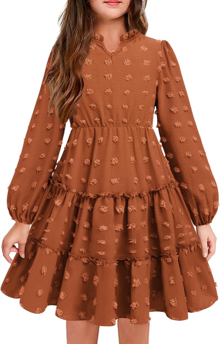 Jurk voor meisjes, feestelijke volant, V-hals, lange mouwen, Swiss Dot chiffonjurk, A-lijn, feestjurk, bruiloft, prinsessenjurk, swing, skaterjurk, 5-12 jaar