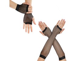Handschoenen 2 paar zwarte vingerloze visnet-handschoenen lange en korte mesh handschoen nylon visnet wanten stretch net handschoen voor vrouwen meisjes 80s 90s themafeest Halloween