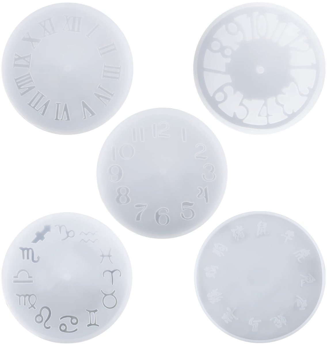 Omgoods- Siliconen Mallen 5 Stijlen - Klokvormen - 12 Dierenriem - Arabische/Romeinse Cijfers - 15cm Diameter - Transparant Silicone - Klokmal