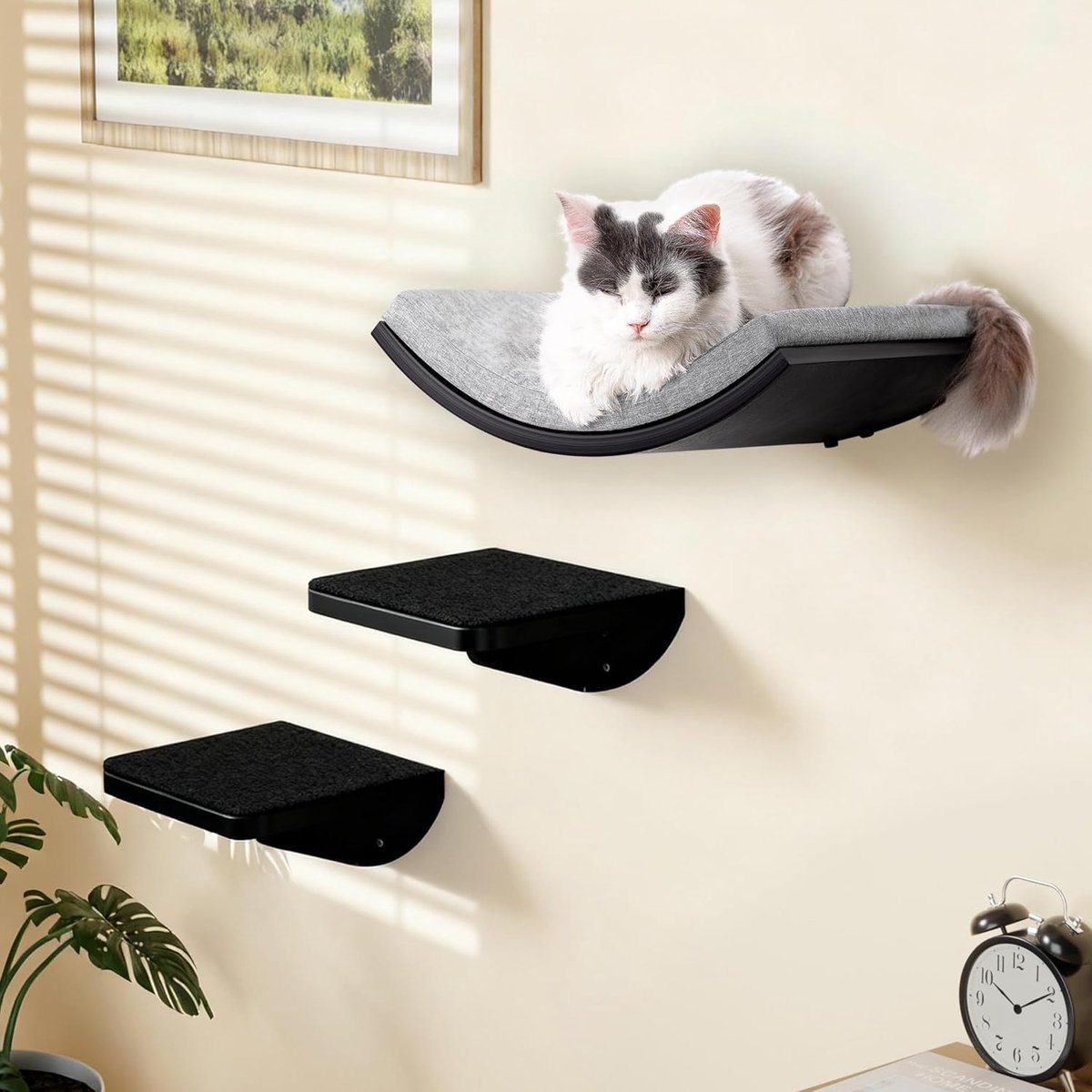 3-delige set, kattenklimwand met 2 klimniveaus en gebogen platforms, wandgemonteerde houten kattenwandmeubelset voor klimmen, spelen, slapen