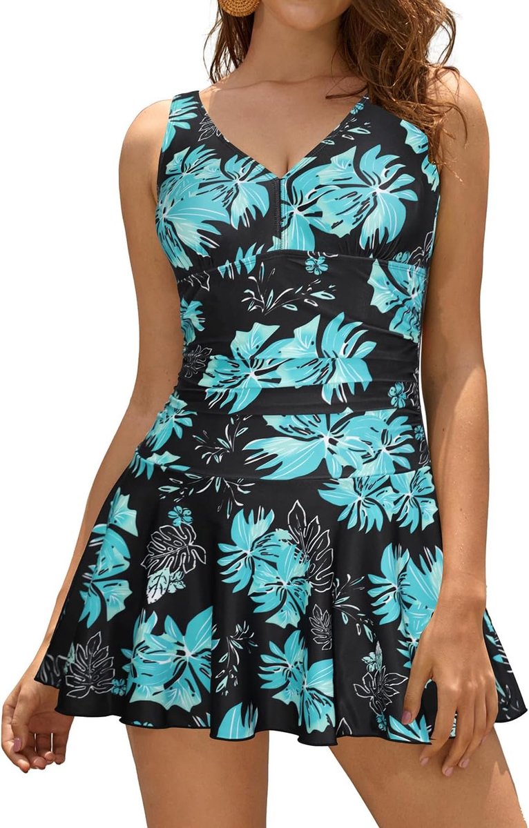 Dames Badpak Jurk V-hals retro Abdominale Controle Klassiek ruched Badmode Mode Eendelige Badjurk