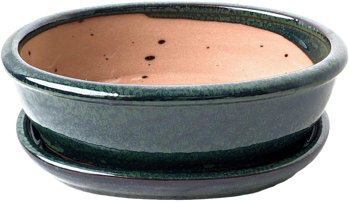 Omgoods - Glazuur Bonsai Pot met Onderplaat - Donkergroen, 18cm