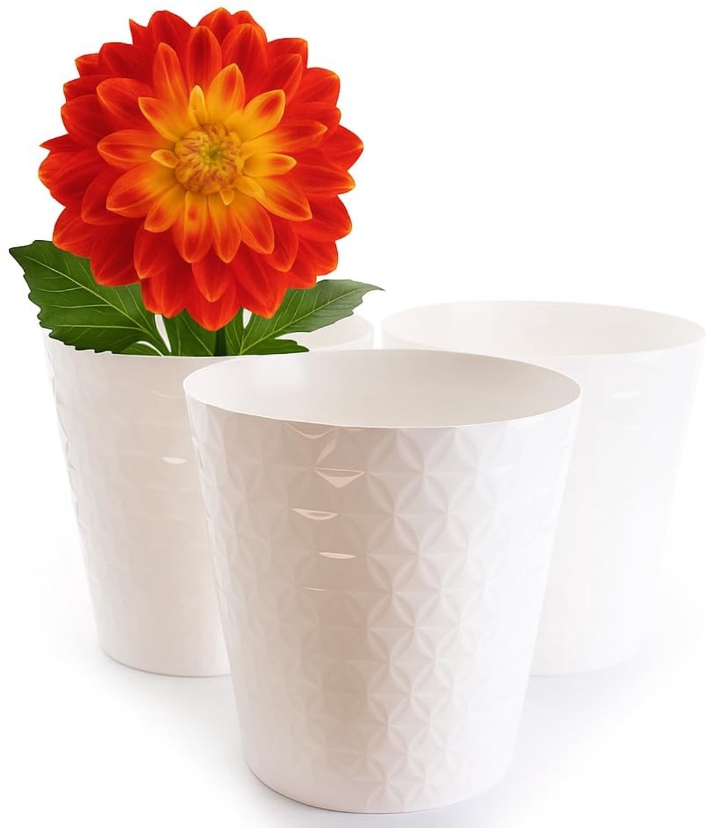 Omgoods - Set van 3 Decoratieve Witte Plastic Plantpotten, Ø13 cm