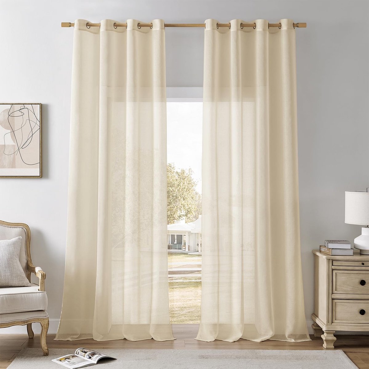 Omgoods - Gordijnen Beige met Oogjes - Transparant Voile 245 cm Hoog, Set van 2