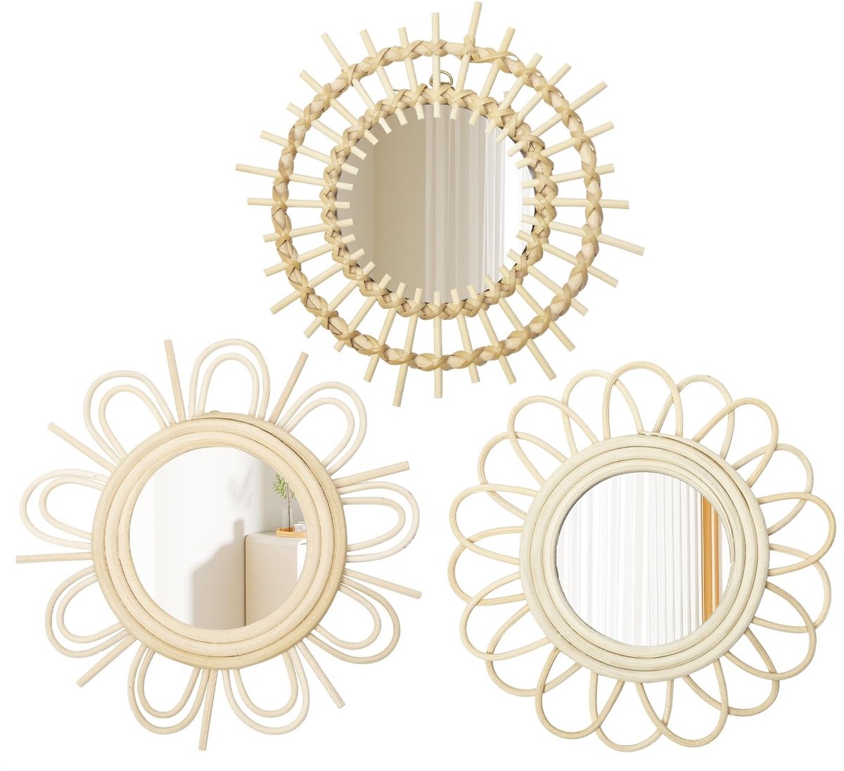 Omgoods - Set van 3 Moderne Boho Wandspiegels met Haken
