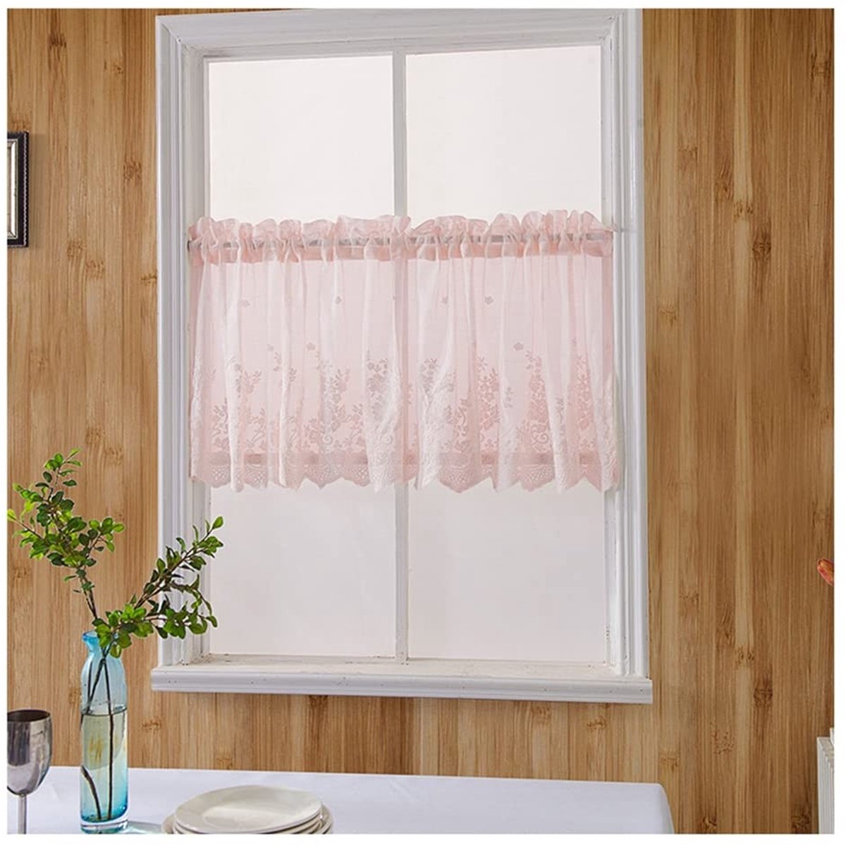 Omgoods - Lace Vintage Gordijnen - Korte Semi-Transparante Gordijnen Roze 54x24 Inch