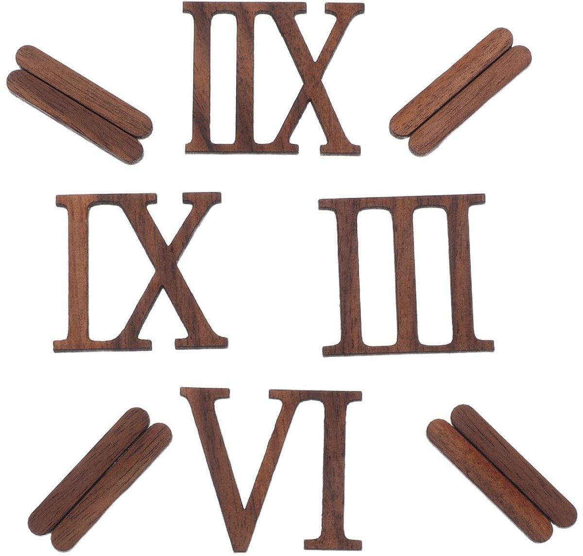 Omgoods- Wandklok Houten Romeinse Cijfers - Decoratieve Accessoires - Doe-Het-Zelf - Lichtbruin - 12 Stuks - Afmetingen 3,90 x 3,10 x 0,30 cm - Klok