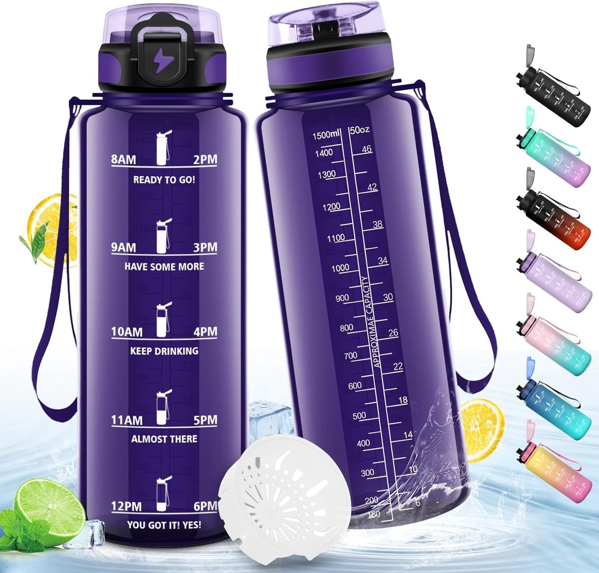 Drinkfles, 1,5 liter, sportfles, lekvrij, motiverende sportfles, met filter, voor fitness, fietsen, school, kantoor
