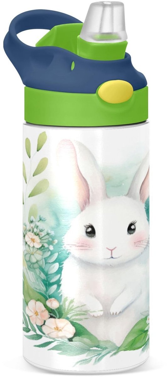 Omgoods - Schattige Rabbit Waterfles met Rietje - Roestvrijstalen Drinkfles 350ml voor Kinderen