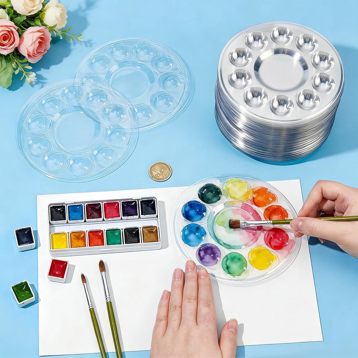 Paletten, 14 cm doorzichtige ronde plastic paletten, verfbak acryl olie aquarel knutselbenodigdheden voor kunstklasse, doe-het-zelf ambacht, schilderfeest