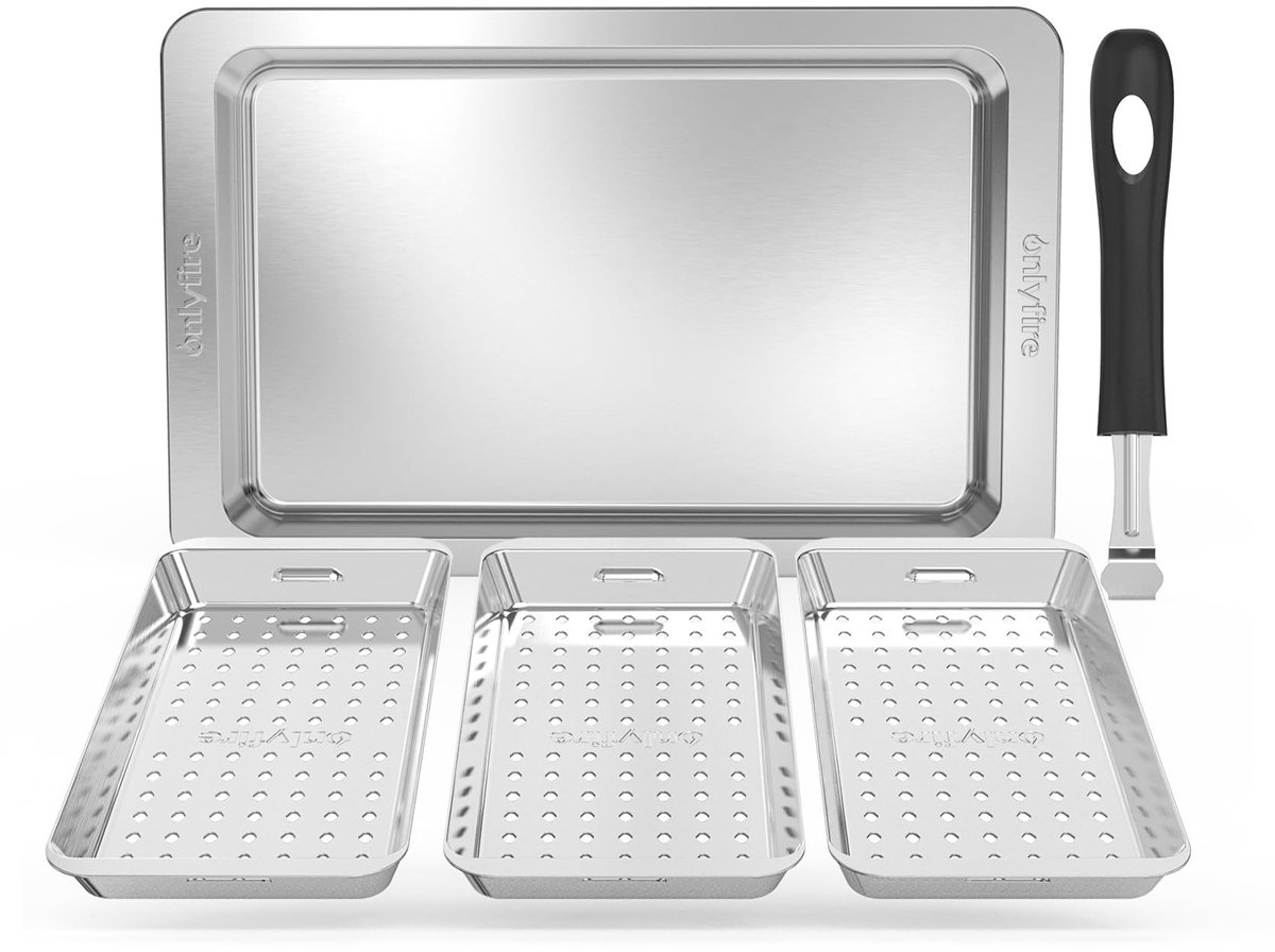Omgoods - Onlyfire Grill Mand Set - 3 Perforatie Mand met Tray en Handvat