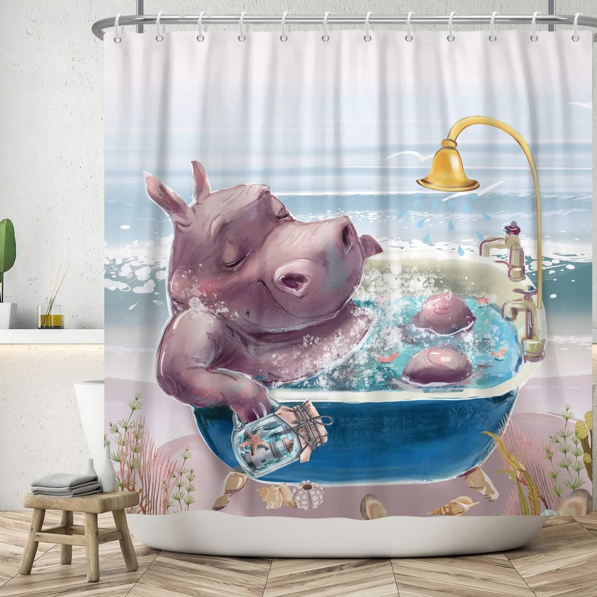 Omgoods - Grappig Nijlpaard Douchegordijn 180 x 243 cm met Haken