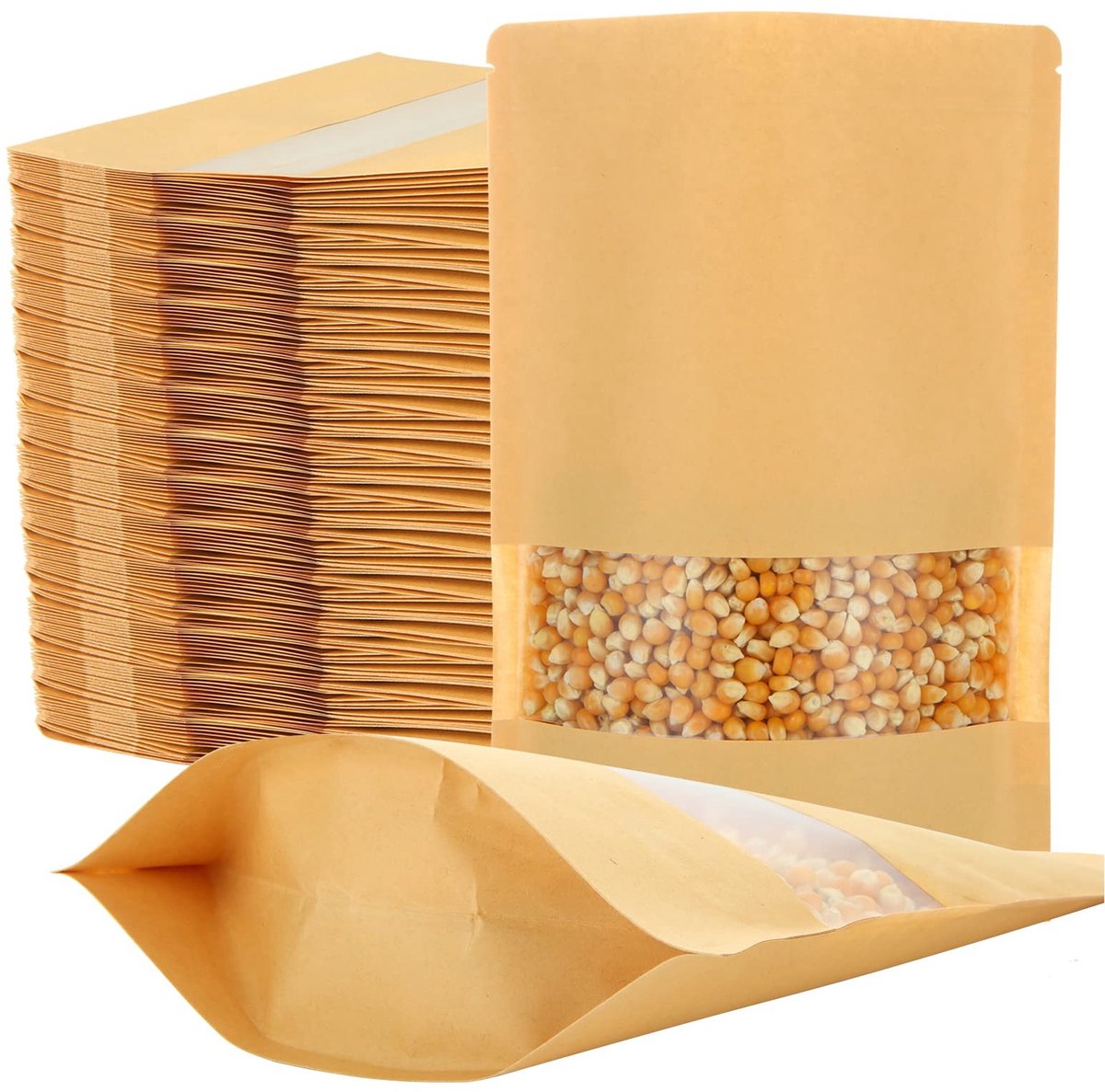 Omgoods- Papieren Zakken 100 Stuks - Papieren Draagtassen - Kraftpapier met Venster - 18 x 26 cm - Waterdicht - Voor Specerijen en Snacks - Voedselzakjes