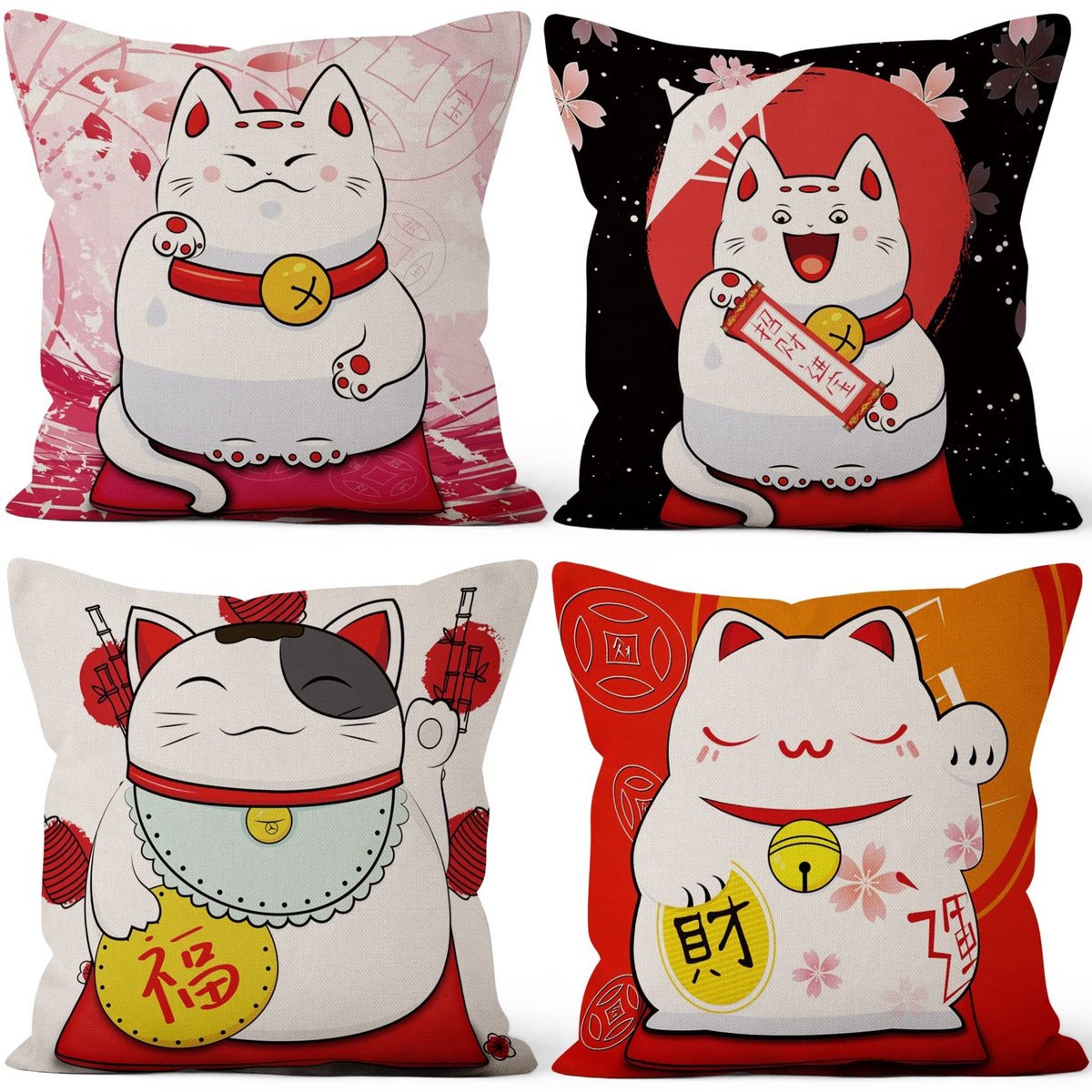 Omgoods - Set van 4 Kussenhoezen in Japans Geluk Kat Design - 51 x 51 cm
