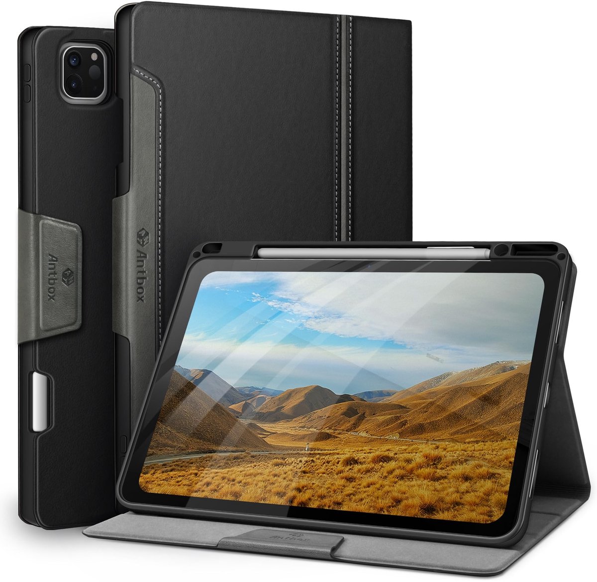 Omgoods - PU Leather Case voor iPad Pro 12.9 inch 2022/2021/2020/2018 met Penhouder - Zwart