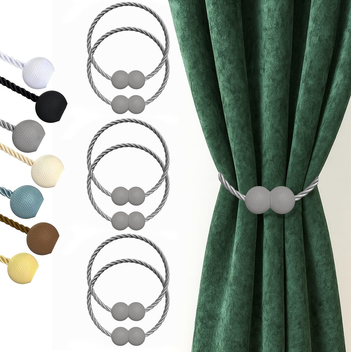 Omgoods - 6 Stuks Magnetische Embrasses met Haken - Decoratieve Gordijnen Houder (Grijs)