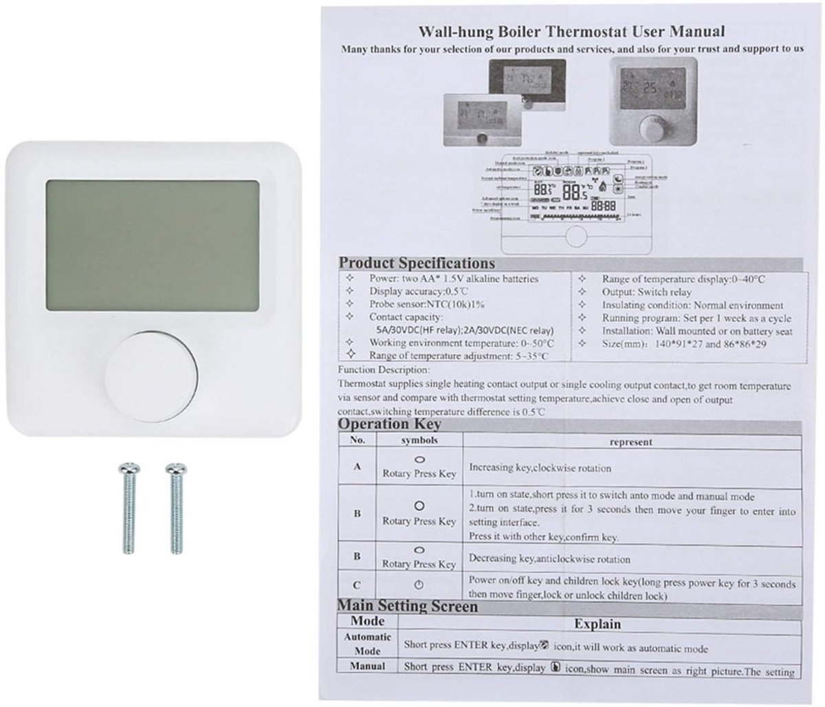 Omgoods- Kamerthermostaat Digitale LCD Display - Programmeerbare Thermostaat - Temperatuurregelaar - Verwarming/Koeling - Schakeltemperatuurverschil 0,5°C - Groot LCD-scherm