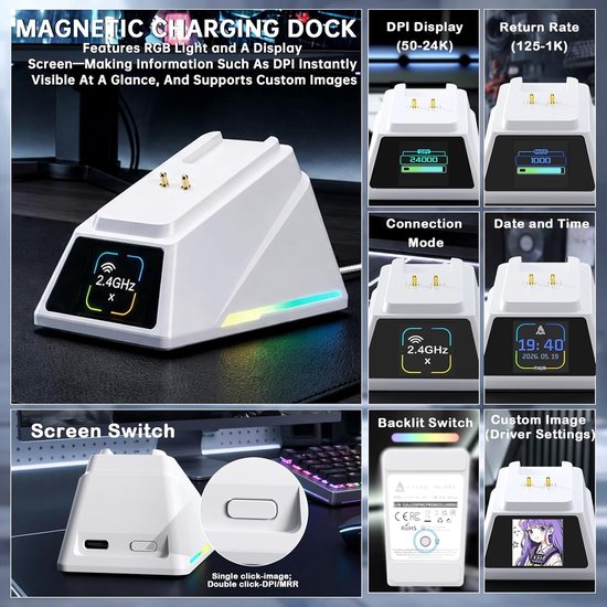 AJ159P SUPERLIGHT Draadloze Gamingmuis met RGB-Oplaadstation-Wit - Tri-mode BT/2.4G/USB-bedraad Computer Mice, PixArt PAW3311 Optische Sensor 24000 DPI Programmable voor PC/Mac/Win11 — afbeelding 5