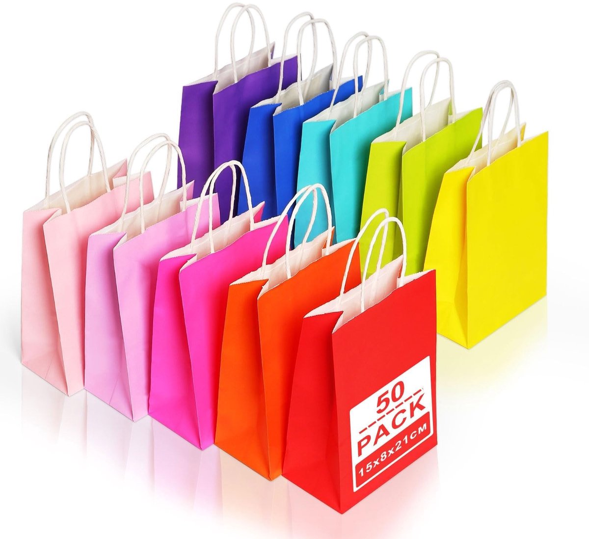 Omgoods - 50 Kleurige Kraft Papieren Tassen met Handvatten - Cadeautassen voor Feesten en Verjaardagen