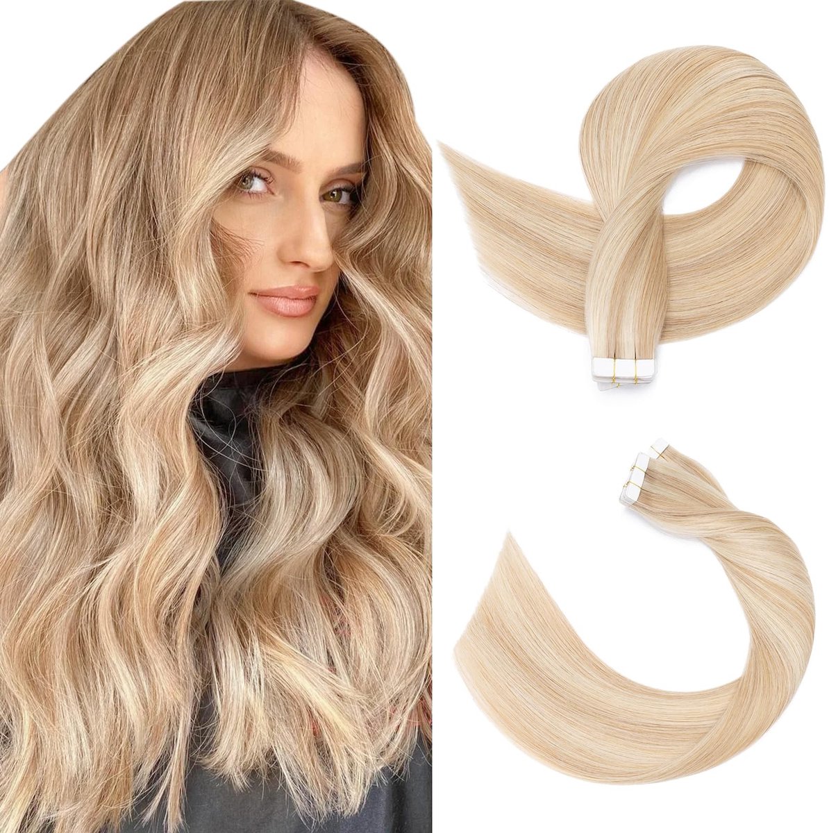 Omgoods - Invisible Tape Extensions - 16 Inch Natuurlijke Haar Extensions - Donkerblond met Bleach Blond