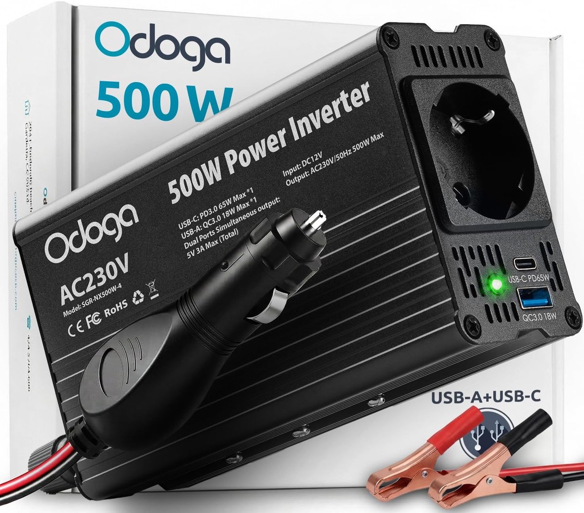 Omgoods - 12V naar 230V Inverter - 500W met USB-A & USB-C