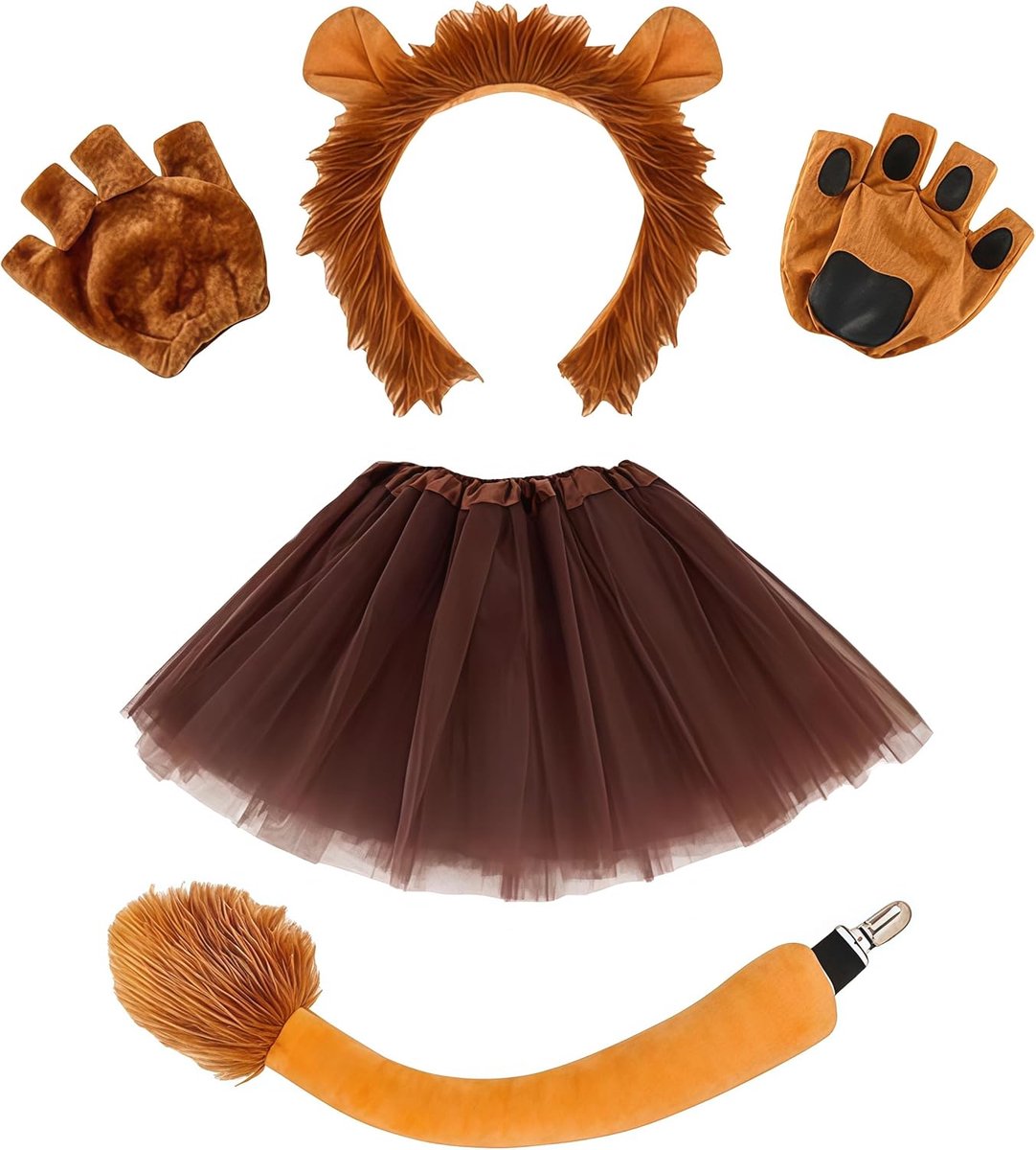 Kostuumset, 4-delige set met leeuwenoren, handschoenen, staart en tutu-rok, perfect voor kinderen en volwassenen, cosplay, Halloween, verjaardag, carnaval, podiumuitvoering