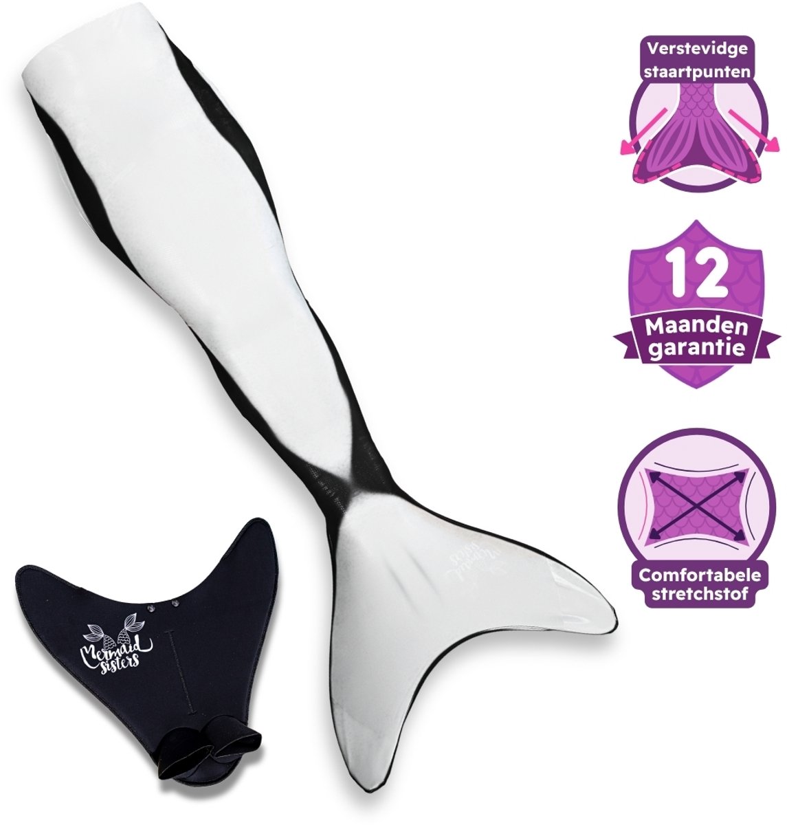 Mermaid Sisters Orca - Zeemeermin Staart met Monovin voor Meisjes - Zwart/Wit - Maat 134-146