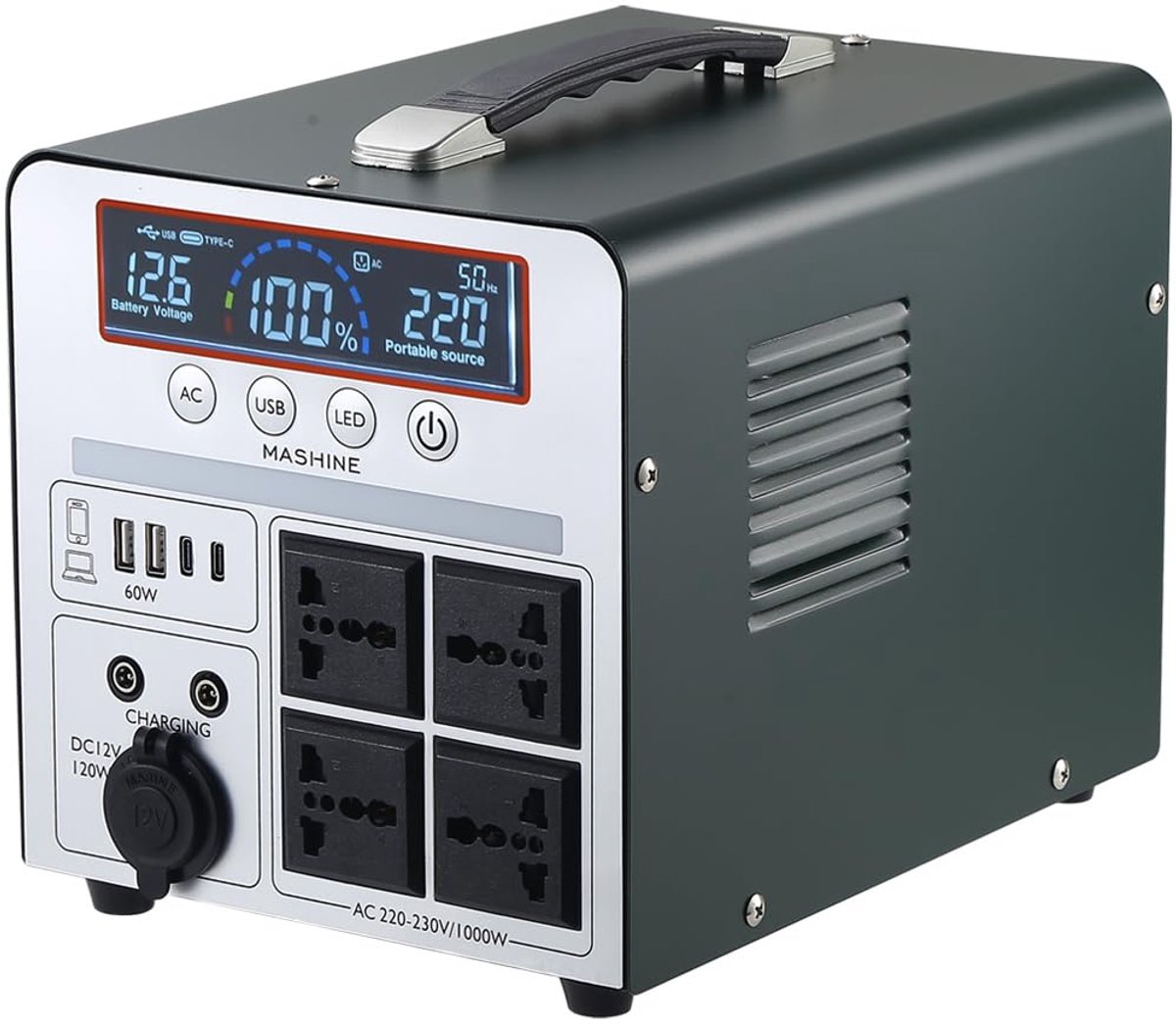Draagbare Power Station 1000W - 666Wh Accugenerator met Omvormer - Mobiele Energiecentrale met 4 AC Stopcontacten en 4 USB Poorten - Voor Camping, Noodgevallen, Drones en Buitenverlichting