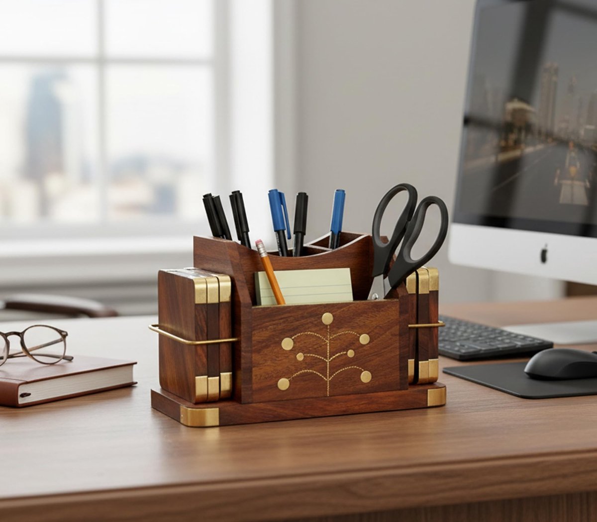 Omgoods - Houten Bureau Organizer met Messing Afwerking - Multifunctionele Onderzetter voor Kantoor