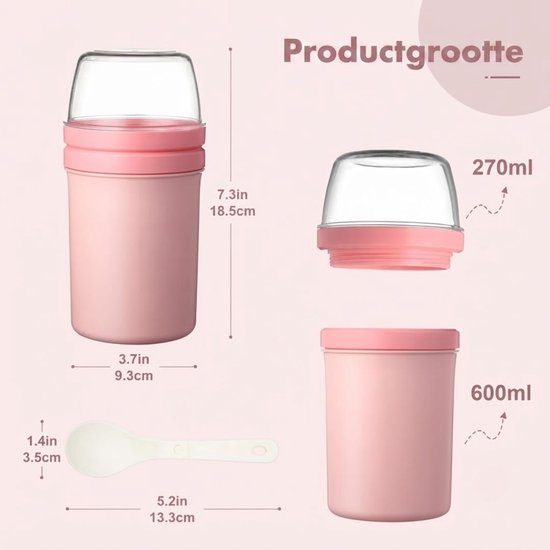 JCP® Yoghurt Beker To Go - Yoghurt Beker To Go met Lepel - Yoghurt en Muesli Beker To Go - Roze - 10cm x 10cm x 19cm — afbeelding 2