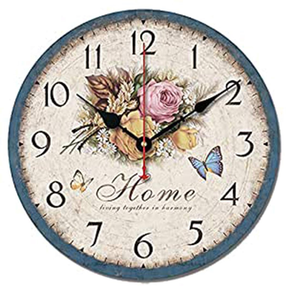 Omgoods - Retro Wandklok met Bloemmotief - Stille Houten Klok 30 cm