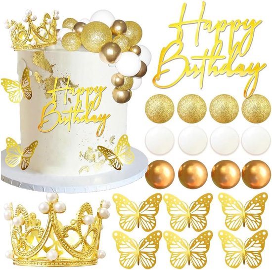 Foto: 39 stuks taartopzetstukken set kroon vlinders ballonnen taarttopper decoratie accessoires voor verjaardag feest bruiloft goud 