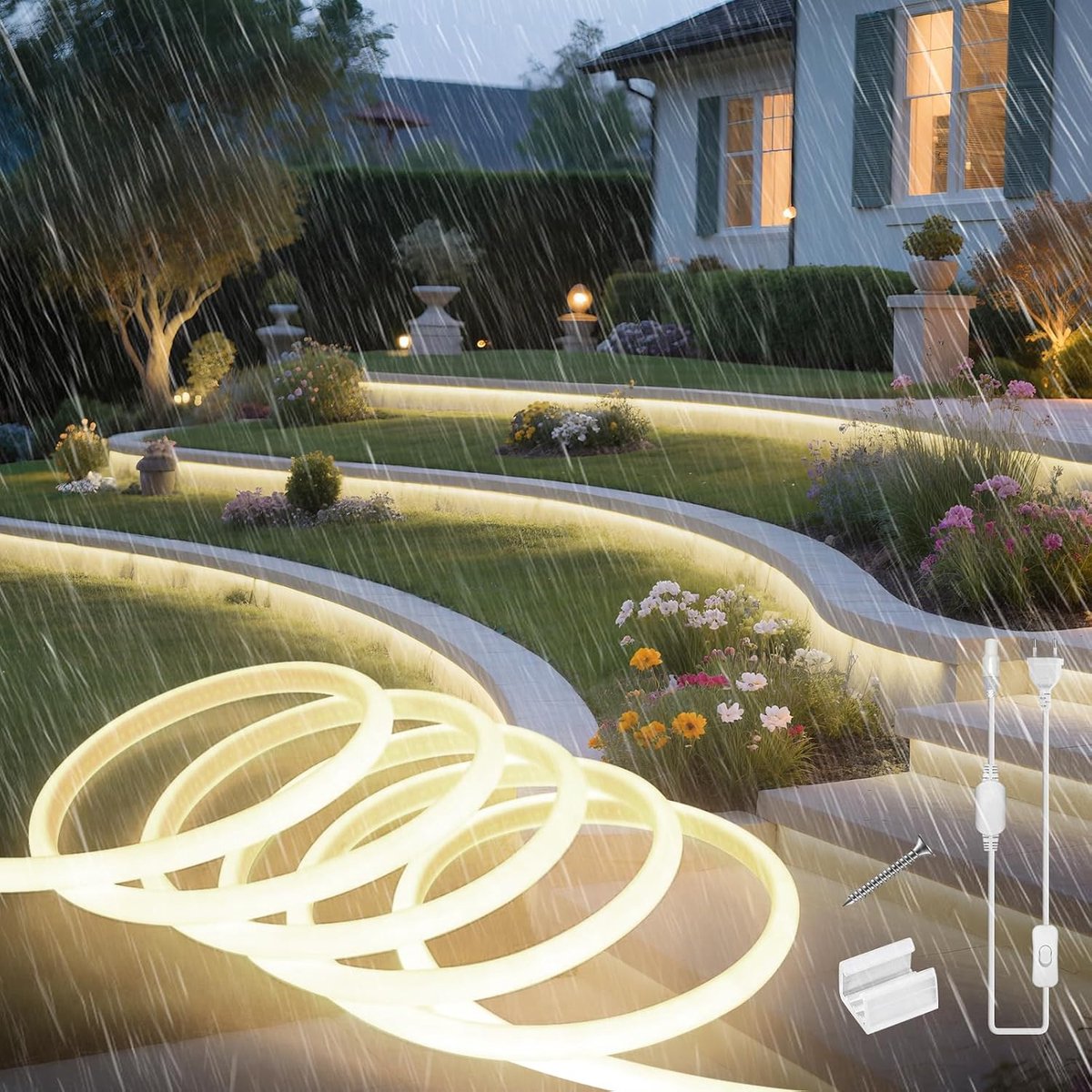LED Streifen 2m, Silikon Wasserdicht Feuerfest IP65 COB Led Strip Naturweiss 4000K 10mm Led-Lichterkette Außen 230V Flexibler Lichtband Aussenbereich mit Netzteil für Haus, Küche
