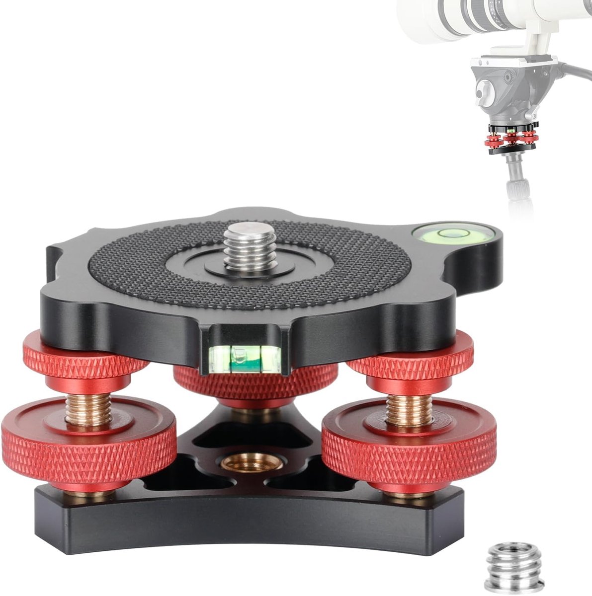 Leveler Waterpas Basis met Waterpas en 3/8" Schroef, 3 Draaiknoppen met +/-5 Graden Precisieverstelling, Aluminiumlegering Constructie voor Camera Statief