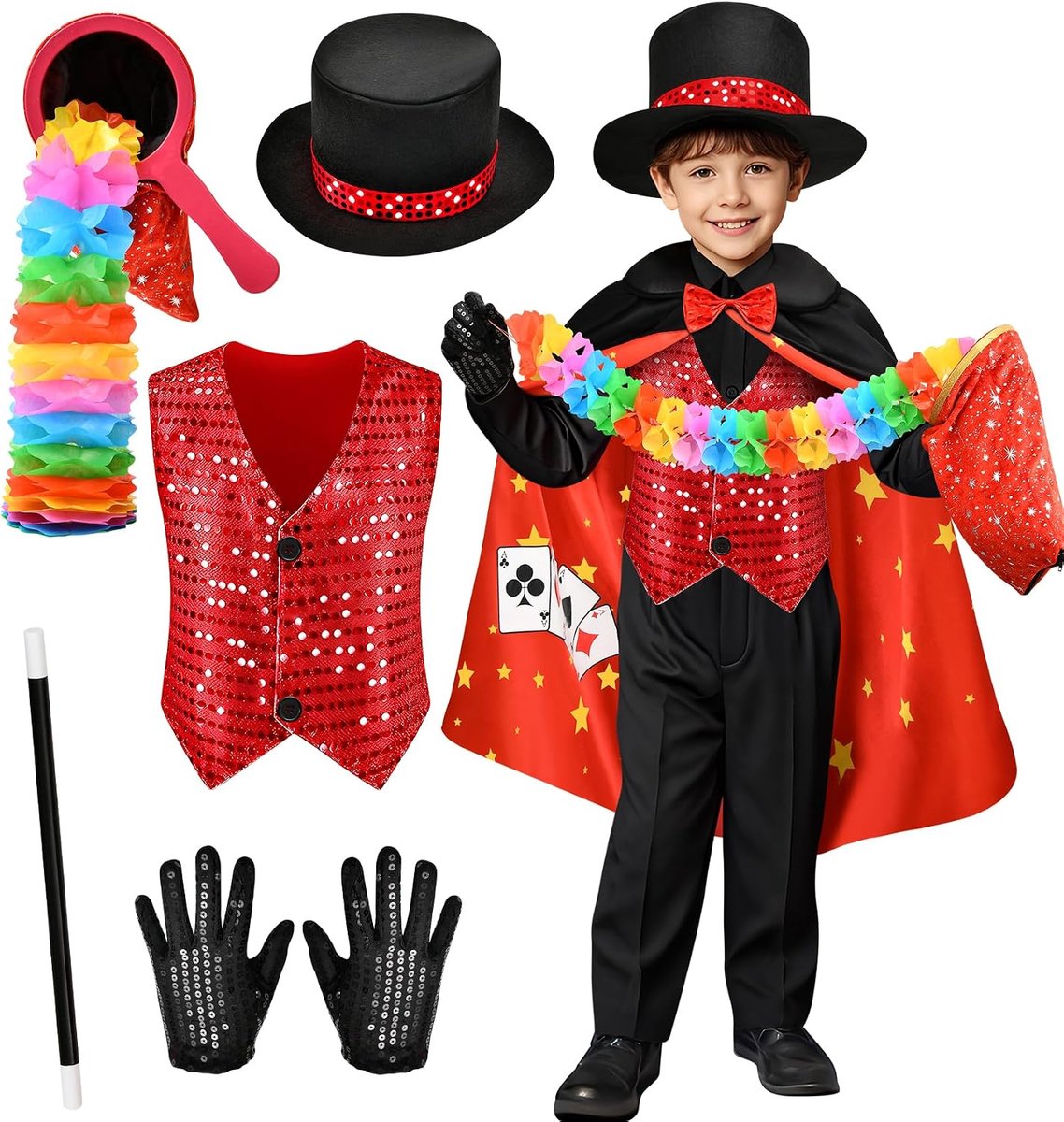Tovenaarskostuum voor kinderen, met vest, cape, toverhoed, toverstaf, goochelaarskostuum, verjaardag, carnaval, Halloween, carnavalskostuum, voor jongens en meisjes