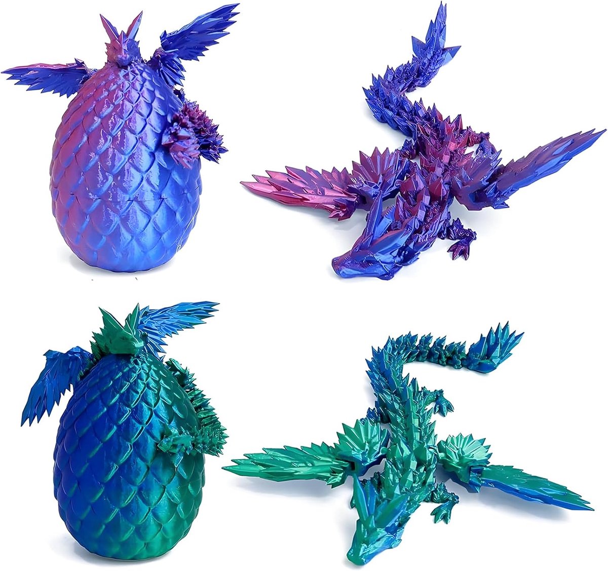 3D-geprint ei met draak, 2 stuks mysterieuze draken, figuren, verrassing paasdrakeneieren, woondecoratie (met vleugels)